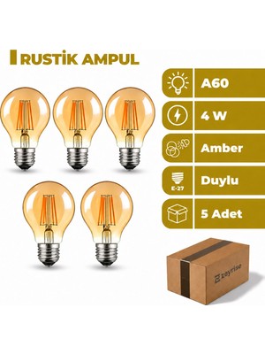 Zeyrise 4W A60 E27 Duylu Rustik LED Ampul 2700K Amber Işık 5'li Paket