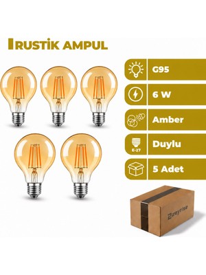 Zeyrise 6W G95 E27 Duylu Rustik Ampul Amber Işık 5'li Paket
