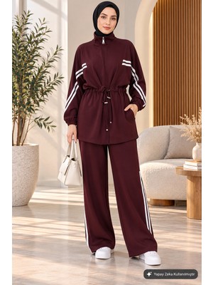 Stil Kuşağı Mürdüm Oysho Kumaş Fermuarlı Şerit Detaylı Tunik Pantolonlu Takım