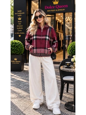 Dolce Queen Kadın Ekose Desenli Fermuarlı Triko Ceket - Bordo Siyah