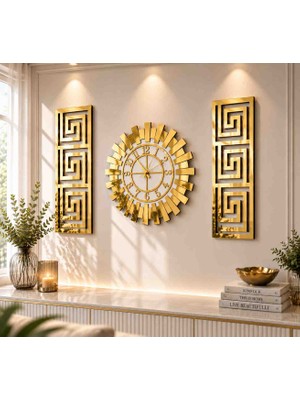Eyka Store Gold Pleksi Ayna Duvar Saati 40 cm ve 2’li Tablo Seti | Kabartmalı Sessiz Saat | Modern Duvar Dekoru