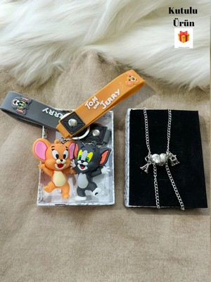 Glanzend 2'li Mıknatıslı Harfli Çift Kolye ve Tom ve Jerry Sevgili Anahtarlık