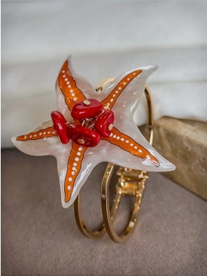 Dore Collection Reçine Deniz Yıldızı-Gerçek Mercanlı Premium Lux Kelepçe Bileklik Fenomen