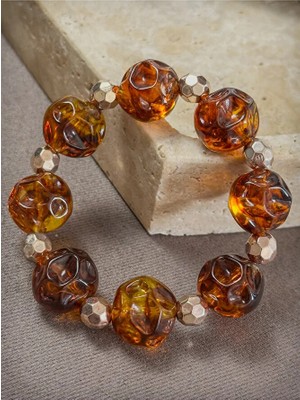 Dore Collection Oymalı Yuvarlak Kesim Akrilik Reçine Bileklik Fasetli Küre Gold Aparatlı