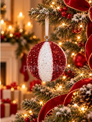 Parti Adresi Yılbaşı Ağaç Süsü Simli Strafor Top 15 cm – Kırmızı Beyaz Dilimi Asılabilir Süs