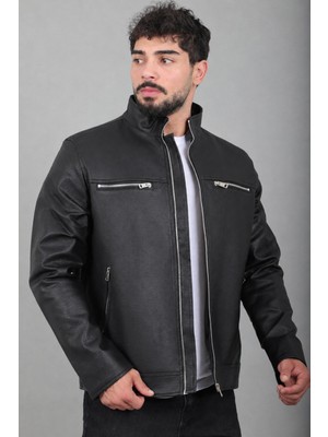 Stil Kombin Çift Göğüs Fermuarlı Dik Yaka Suni Deri Mont Kmd 819_50516