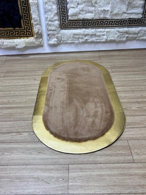 Sancak Deri Halı Zarif Gold Varaklı Karamel Oval Peluş Halı
