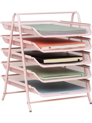 Str Store Ağ Koleksiyonu Kağıt Rafı, 5 Katlı, Dosya Saklama, Çalışma Masası Düzenleyici, Metal Örgü, Metal, Pembe, 5 Katlı