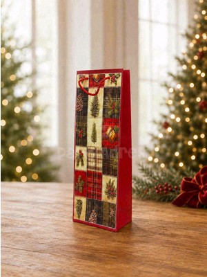 Parti Adresi Yılbaşı Temalı Karton Şişe Çantası – Çam Ağacı Motifli Hediye Çantası 12,5X36X8 cm