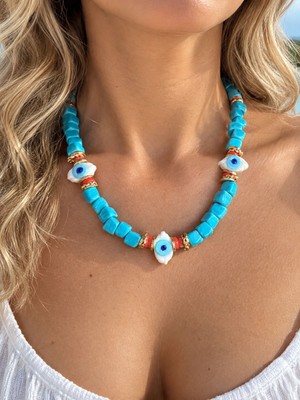 Fem Bijoux Bohem Tarz Turkuaz Cam Boncuklu Mercan ve Nazar Boncuk Detaylı Şık Kadın Kolye