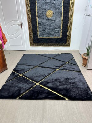 Sancak Deri Halı Modern Gold Varaklı Siyah Peluş Halı