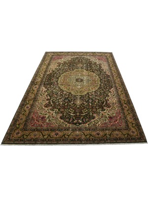 Zehra Abla Halı Vintage 7m2 El Dokuma Eskitme Haki Yeşili Lüks Göbekli Yün Salon Halısı 7511