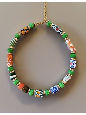 Fem Bijoux Kadın Yeşil Boncuklu Etnik Desenli El Yapımı Tasarım Kolye - Altın Aparatlı