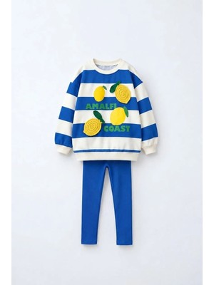 Magu Çocuk Pamuklu Limon Mavi Çizgili Sweatshirt ve Tayt Takımı