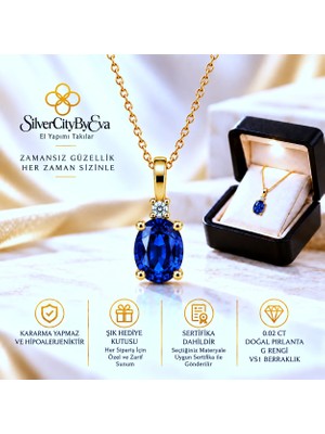 Silver City By Eva Gerçek Pırlantalı Safir Taşlı Kolye, 925 Ayar Gümüş 18 Ayar Altın Kaplama, Sertifikalı ve Işıklı Hediye Kutulu