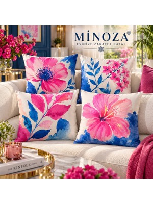 Minoza Çiçek Senfonisi Dijital Baskılı Dekoratif 4'lü Kırlent Seti Renkli Modern Şık Salon Dekorasyonu