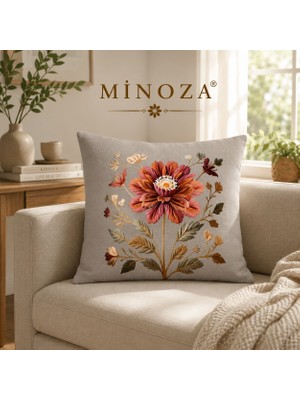 Minoza Dijital Baskılı Nakış Görünümlü Kahve Çiçek Desenli Dekoratif Kırlent Kılıfı