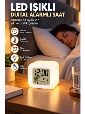 Royaleks Dekoratif Küp Saat LED Işıklı Dijital Saat Alarm ve Sıcaklık Özellikli