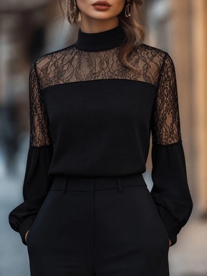 Lune Store Kadın Uzun Kollu Balıkçı Yaka Dantelli Janjan Krep Bluz