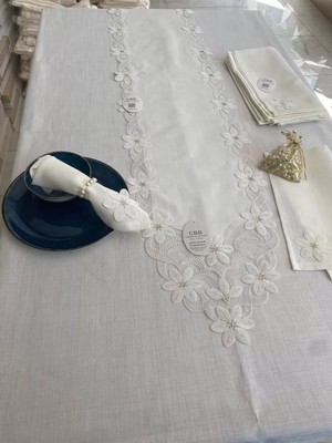 Ceki Home Sofra Takımı Evita Gardenya Keten Yemek Takımı 160x260 Masa Seti 26 Parça Runner Set Krem