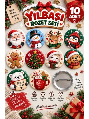 Tasarım 10’lu Yılbaşı Temalı Rozet Seti – Noel Baba, Kardan Adam, Geyik ve Sevimli Yeni Yıl Rozetleri