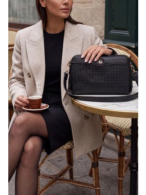 Marjin Kadın Fermuarlı İç Cepli Clutch Çapraz Askılı El ve Omuz Çantası Faris Siyah
