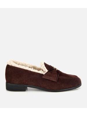 Hotiç Kadın Süet Deri Kahverengi İçi Kürklü Klasik Loafer