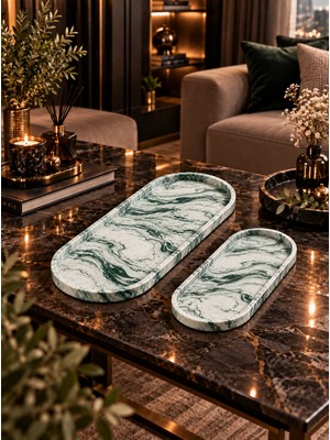 Betonmall Dekoratif Salon Aksesuar Seti 2’li Oval Modern Sehpa Üstü Dekor Sunum Tepsisi