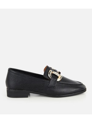 Hotiç Kadın Deri Siyah Gold Toka Detaylı Yumuşak Dokulu Topuklu Klasik Loafer