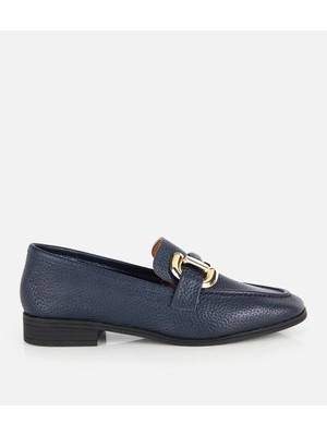 Hotiç Kadın Deri Lacivert Gold Toka Detaylı Yumuşak Dokulu Topuklu Klasik Loafer
