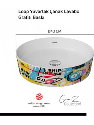 Creavit Loop Gen-Z Yuvarlak Masa Üstü Çanak Lavabo Ø40 cm Grafiti Baskı Extra Beyaz
