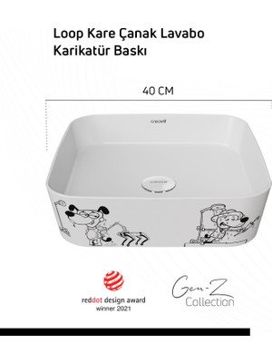 Creavit Loop Gen-Z Kare 40 cm Masa Üstü Ince Lavabo Karikatür Baskı Extra Beyaz