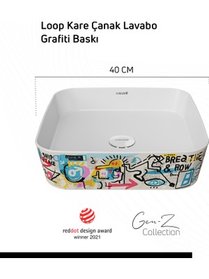 Creavit Loop Gen-Z Kare 40 cm Masa Üstü Ince Lavabo Grafiti Baskı Extra Beyaz