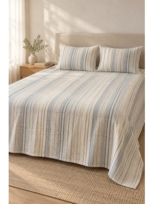 Varol Line Çizgili Çift Kişilik Yatak Örtüsü Takımı 240×260 cm – 2 Yastık Kılıflı - Mavi