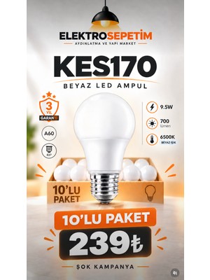 Global 9W LED Ampul Beyaz 10 Lu Paket 6400 K 850 Lümen E27 Duy