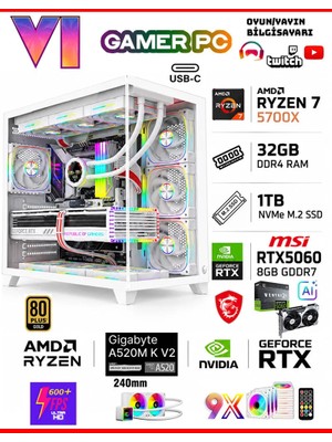 Zeiron Mirage X50 Pro White⚡MSI RTX5060⚡8GB ∣ R7 5700X ∣ Gigabyte A520M-K V2 ∣ 32GB RAM ∣ 1TB M.2 SSD Sıvı Soğutmalı Masaüstü Oyuncu Bilgisayarı