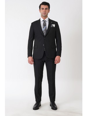 Efor Slim Fit Çift Yırtmaç Esnek Yünlü Düz Siyah Takım Elbise Tk 948