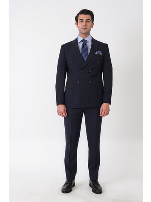 Efor Slim Fit Esnek %97 Yünlü Düz Lacivert Kruvaze Takım Elbise Tk 956
