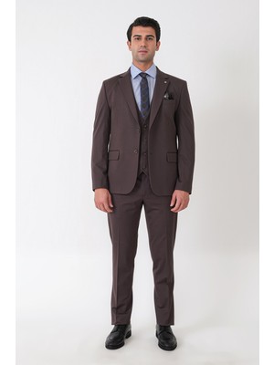 Efor Slim Fit Esnek Pamuklu Dokulu Kahverengi Yelekli Takım Elbise Tk 959