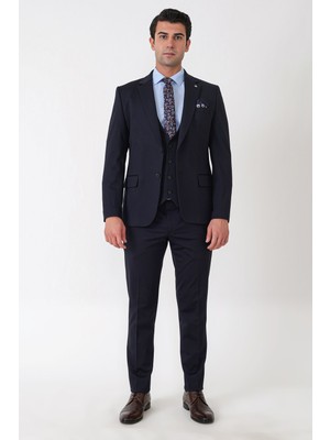 Efor Slim Fit Esnek Pamuklu Dokulu Lacivert Yelekli Takım Elbise Tk 959