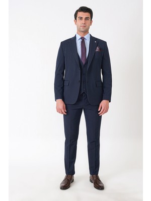 Efor Slim Fit Çift Yırtmaç Esnek Yünlü Lacivert Yelekli Takım Elbise Tk 958
