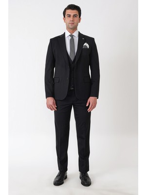 Efor Slim Fit Esnek Pamuklu Dokulu Siyah Yelekli Takım Elbise Tk 959