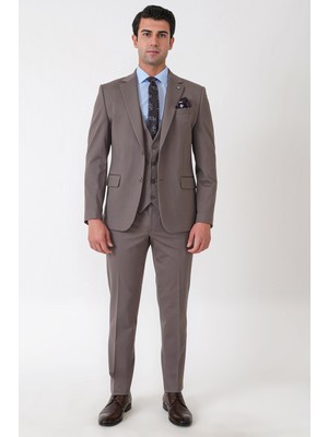 Efor Slim Fit Esnek Pamuklu Dokulu Vizon Yelekli Takım Elbise Tk 959