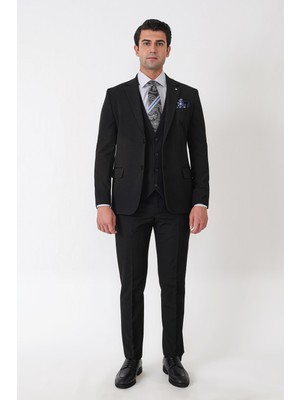 Efor Slim Fit Çift Yırtmaç Esnek Yünlü Siyah Yelekli Takım Elbise Tk 958