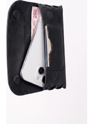 Bee Black %100 Hakiki Deri Cüzdan - Mıknatıslı ve El Bantlı - Minimal Para Telefon Cüzdanı (19CMX8.5CM)