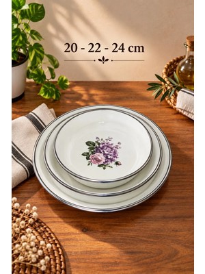 Emaye Muhallebi Yemek Kahvaltı Tabak Desenli Çukur Tabak, Salata Cips Tabak 20CM 22CM 24CM 3 Lü Set