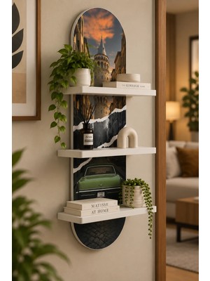 Onyxlab Tarihi Kule ve Klasik Otomobil Kolajı Temalı 3 Raflı Oval Duvar Rafı, 70 x 25 Cm, Mdf