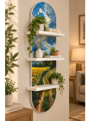 Onyxlab Ayçiçeği Tarlasında Patika Temalı 3 Raflı Oval Duvar Rafı, 70 x 25 Cm, Mdf