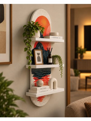 Onyxlab Kırmızı Güneş ve Dağ Yansıması Temalı 3 Raflı Oval Duvar Rafı, 70 x 25 Cm, Mdf