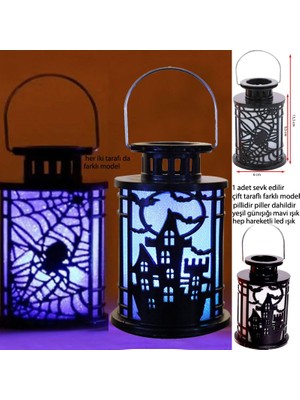Pandoli Asma Aparatlı Çift Desenli LED Işıklı Siyah Renk Halloween Temalı Yuvarlak Plastik Fener 1 Adet Mini Boy 9,5 x 6 cm